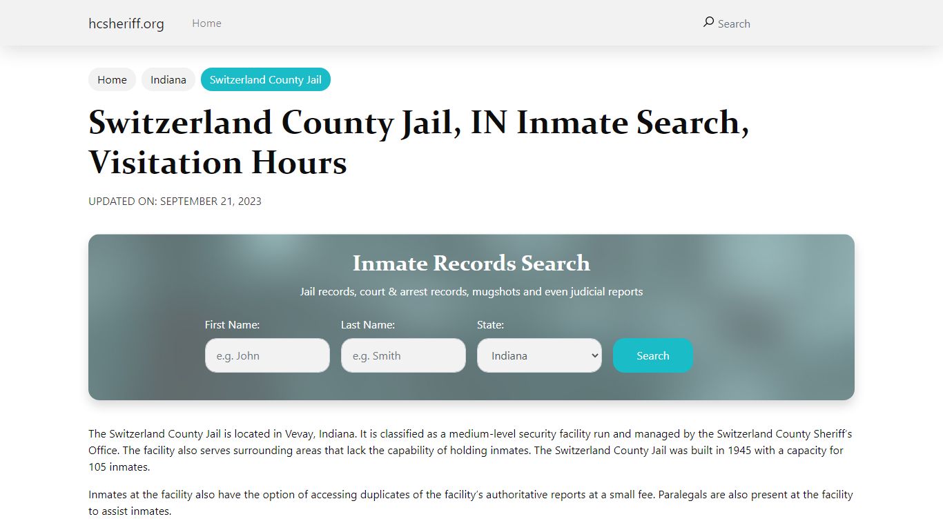 Switzerland County Jail, IN Inmate Search, Visitation Hours